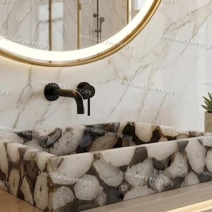 Luxury Grey Agate Sink Rectangular Gemstone Vessel Basin Handcrafted Natural Stone Washbasin Modern Minimalist Bathroom Decor