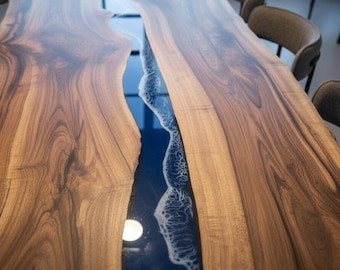 Handmade Blue Epoxy River Table | Live Edge Wood Dining Table