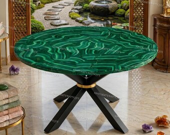 Handcrafted Malachite Coffee Table Round Green Stone Table Top Modern Luxury Gemstone Furniture Statement Living Room Piece