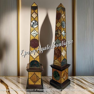 Handmade Multi-Stone Obelisks: Egyptian Decor - Pietra Dura Art, Set of 2