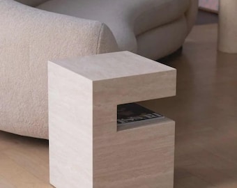 Handmade Travertine Accent Table: Rustic Stone Side Table with Storage