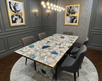 Handmade Agate Stone Table Top | Luxury Mid-Century Art Furniture