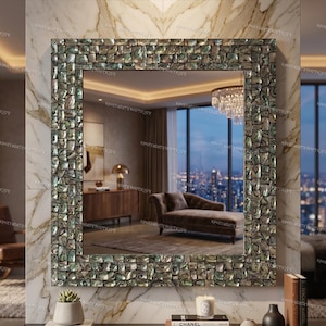 Handmade Abalone Shell Wall Mirror Iridescent Paua Shell Inlay Rectangular Frame Coastal Luxury Mirror for Vanity Bedroom & Living Room