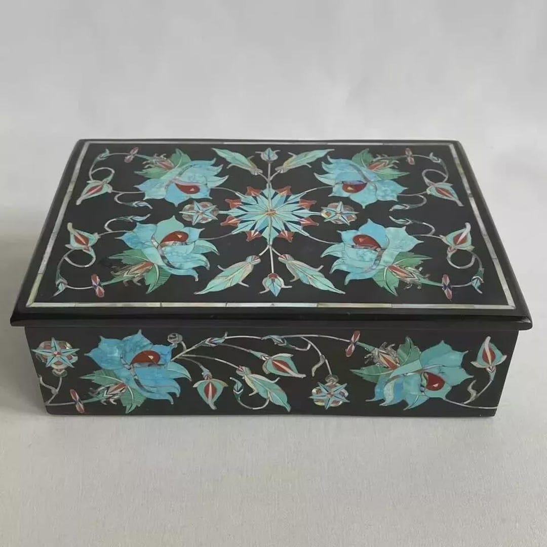 Black Marble Jewelry Box: Turquoise & Mother of Pearl Inlay