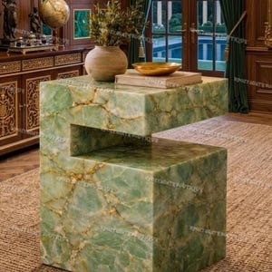 Mesa de centro de lujo de ónix verde, mesa de pedestal de piedra natural maciza, mesa auxiliar moderna de mármol, muebles artesanales de diseño, regalo para el hogar ecológico