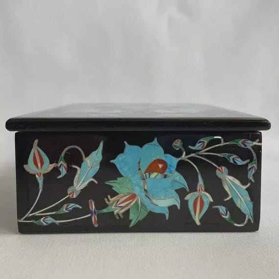 Black Marble Jewelry Box: Turquoise & Mother of Pearl Inlay