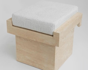 Handmade Travertine Lego Stool | Geometric Marble Seat with Off-White Cushion | Modern Minimalist Sculptural Accent