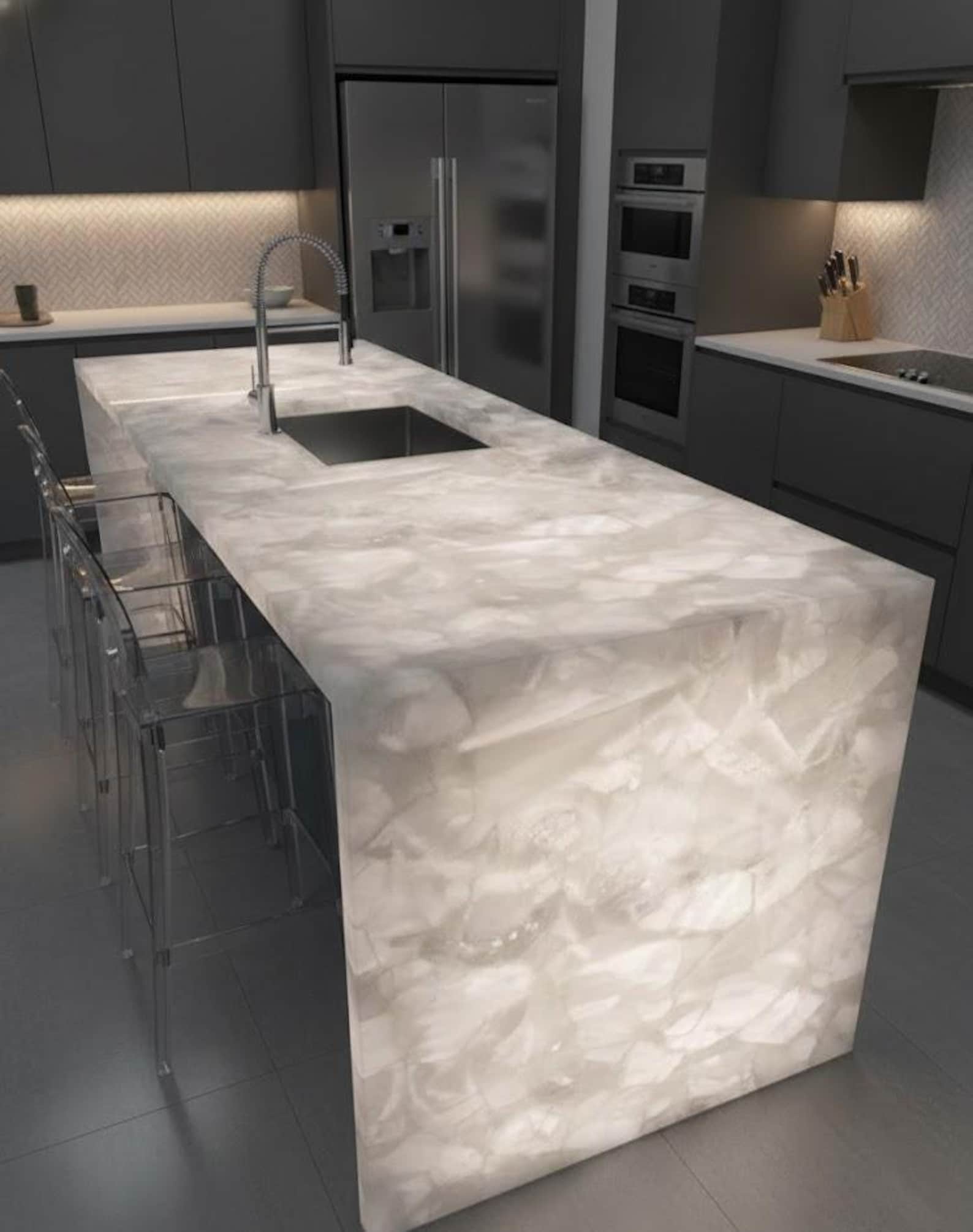 Handmade Illuminated White Quartz Countertop: Luxury Lighted Kitchen