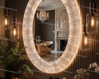 Handmade Selenite Crystal Oval Mirror with LED Backlight – Ethereal Home Décor