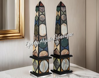 Gemstone Marble Obelisk Pair: Egyptian Inlaid Crystal Healing Towers