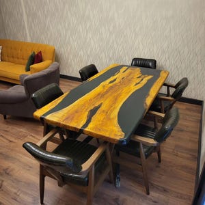 Resin Dining Table, Black Epoxy Resin Walnut Table, Live Edge Walnut Wood Epoxy Table, Custom Handmade Dining Room Furniture