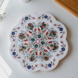 Floral Inlay Marble Serving Plate: Pietra Dura Art, Taj Mahal Style