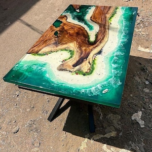 Handmade Epoxy Resin Beach Table Top – Ocean Wave River Table with Natural Wood & Sand Art – Coastal Theme Dining and Coffee Table