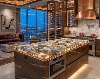 Encimera de isla de cocina de ágata de lujo: Muebles de losa de piedra natural retroiluminada