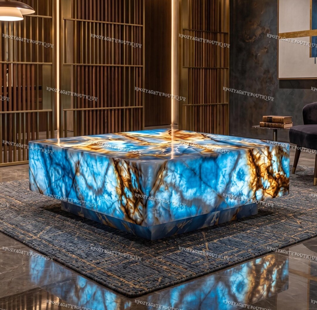 Backlit Blue Onyx Coffee Table: Illuminated Natural Stone Plinth Luxury ...