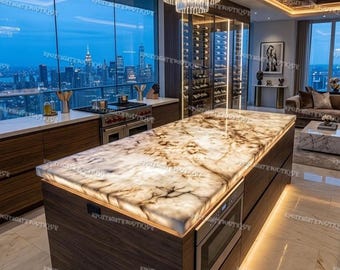 Backlit Cristallo Quartzite Kitchen Island Countertop, Translucent White Stone Slab Top