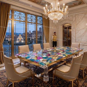 Puede incluir: Un lujoso comedor con una gran mesa con una colorida tapa de piedra de ágata. La mesa está rodeada de sillas beige con detalles dorados. Una gran lámpara de araña cuelga encima y se puede ver una vista panorámica a través de las ventanas.