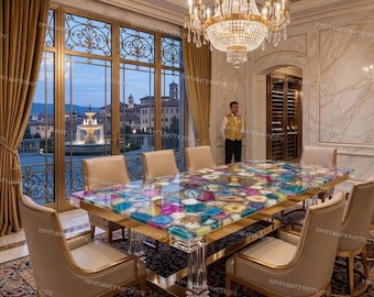 Multi-Color Agate Dining Table Top: Handcrafted Gemstone Mosaic Luxury Furniture Home Decor