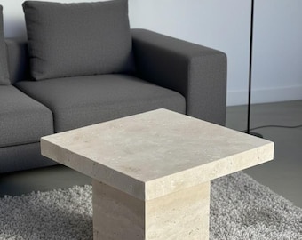 Handmade Beige Travertine Coffee Table | Minimalist Square Stone End Table
