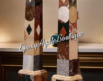 Handmade Marble Obelisk Pair: Egyptian Decor - Pietra Dura Inlay