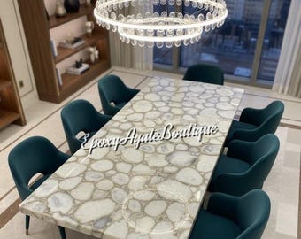 Handmade White Agate Dining Table Top | Luxury Gemstone Furniture