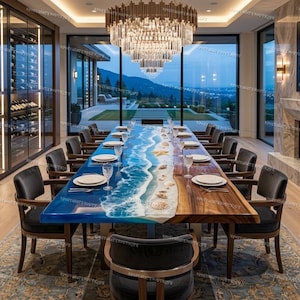 May include: A long, rectangular dining table with a unique ocean-themed design. The table features a blue and white resin top resembling waves, with embedded seashells and starfish. The wooden base and chairs complete the elegant dining set.