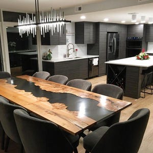 Live Edge Wood & Black Epoxy Dining Table: Handmade Modern Desk