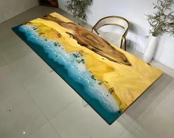 Blue Epoxy Resin River Dining Table: Live Edge Walnut, Ocean Wave Design