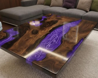 Handmade Purple Epoxy River Coffee Table | Live Edge Wood Slab