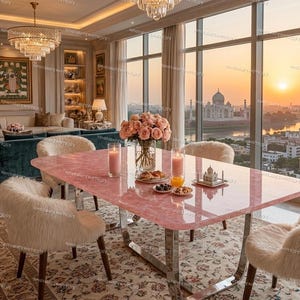 May include: A dining room featuring a pink rectangular table and four white fur chairs. The table is set with candles, food, and flowers. A large window offers a view of a city and a sunset.