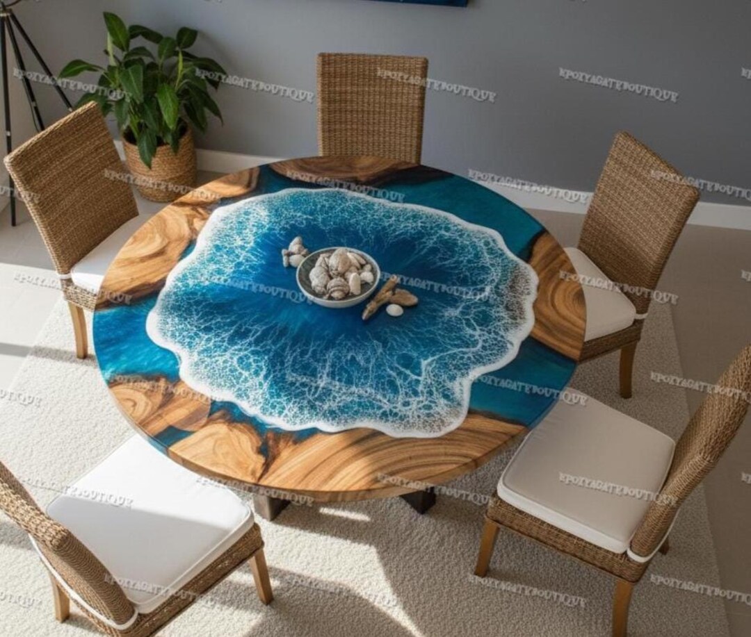 Round Ocean Wave Epoxy Resin Dining Table, Live Edge Wood Coastal ...