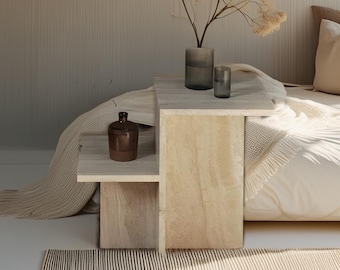 Handcrafted Beige Travertine Marble Side Table: Modern Farmhouse Accent Table