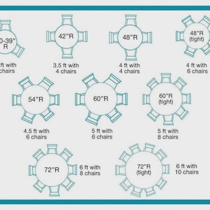 May include: Diagram showing various round table sizes and seating arrangements. Includes tables from 30-39 inches to 72 inches in diameter, with corresponding chair counts. Measurements are in feet and inches.