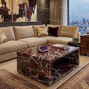 Rosso Levanto Marble Coffee Table Modern Rectangular Plinth Center Table Red Marble Low Profile Table Luxury Living Room Stone Furniture