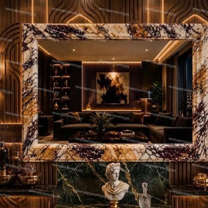 May include: A rectangular wall mirror featuring a thick, polished frame with a marbled pattern in shades of white, black, and amber. The mirror reflects a living room interior with a dark sofa, ambient lighting, and a piece of abstract wall art.