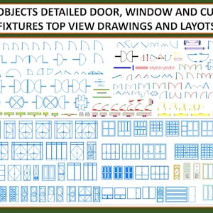 Può includere: Una risorsa di progettazione architettonica digitale con disegni e layout dettagliati di viste dall'alto di porte, finestre e tendaggi. L'immagine include il testo "980+ OBJECTS DETAILED DOOR, WINDOW AND CURTAIN FIXTURES TOP VIEW DRAWINGS AND LAYOTS" e le opzioni di formato file.