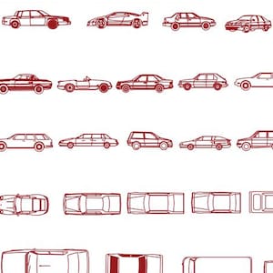 Pode incluir: Uma coleção de ilustrações de carros em linha vermelha, incluindo sedans, carros esportivos e SUVs. A imagem inclui desenhos de vista superior e vistas frontal e traseira. O texto na parte superior diz "260+ OBJECTS - VEHICLE FURNISHINGS AND LAYOUTS - TOP VIEW DRAWINGS."