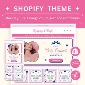 May include: A pink and white Shopify theme design, showcasing a website and mobile phone display. The theme includes the text "Lollipop Shop" and promotional elements such as "Check Our Newest Arrivals" and "Shop Now."
