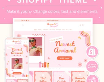 Tema de Shopify "Corazones Románticos", tema de Shopify con colores personalizables, banners editables de Canva, plantilla de Shopify con estética femenina y boutique - RC03