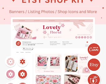 Puede incluir: Un kit de tienda Etsy con banners, fotos de listados e iconos de tienda. El diseño presenta un tema floral rosa y blanco con el texto "Lovely Floral". Incluye ejemplos de branding y plantillas de tienda.
