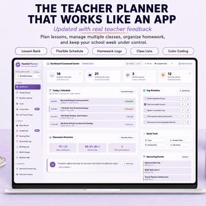 Puede incluir: Una pantalla de portátil que muestra una interfaz de planificador digital para docentes con panel de control y horario. El texto dice: THE TEACHER PLANNER THAT WORKS LIKE AN APP, Updated with real teacher feedback, Plan lessons, manage classes.