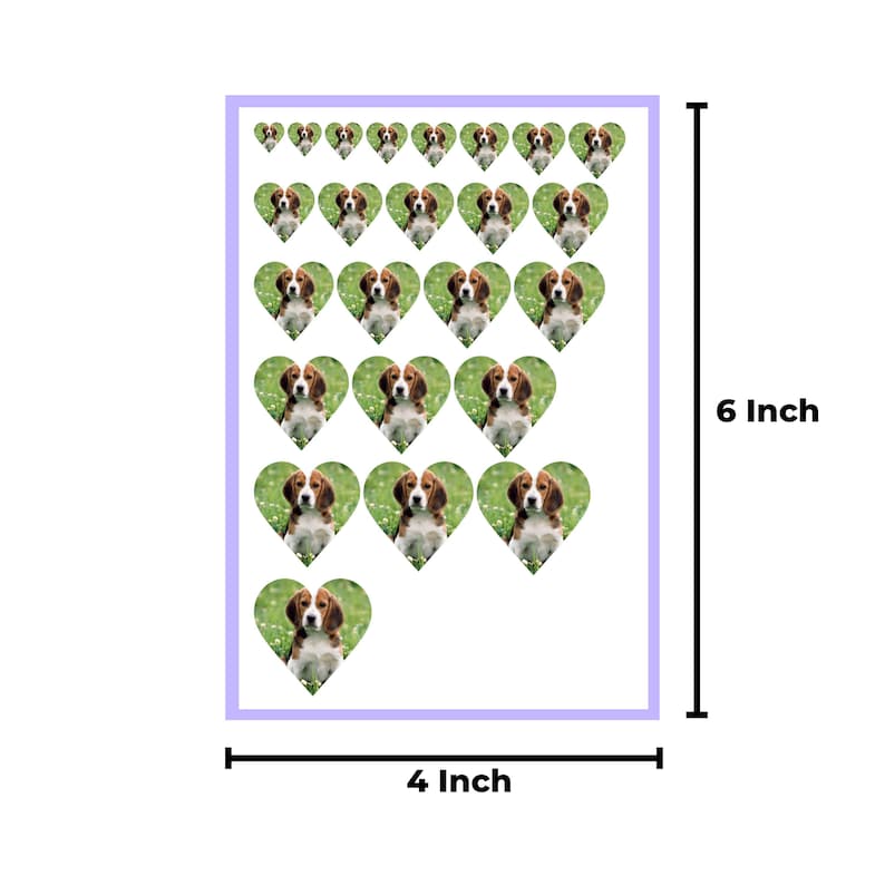 May include: A sheet of heart-shaped stickers featuring Beagle dogs on a green background. The sheet is 4 inches wide and 6 inches tall. The stickers are arranged in rows and columns, with a light purple border.