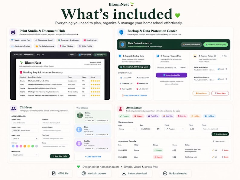 May include: A digital dashboard interface titled BloomNest featuring four sections: Print Studio & Document Hub, Backup & Data Protection Center, Children profile management, and Attendance tracking with various icons, text fields, and buttons.
