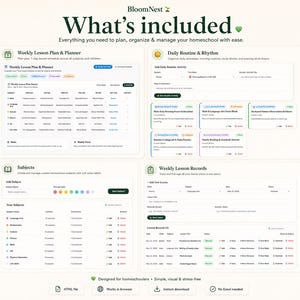 May include: A digital homeschool planner dashboard titled BloomNest featuring four sections: Weekly Lesson Plan & Planner, Daily Routine & Rhythm, Subjects, and Weekly Lesson Records. The interface displays tables, input fields, and colour-coded labels for organising educational schedules and tracking student progress.