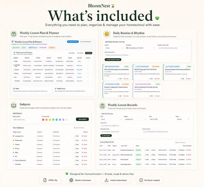 May include: A digital homeschool planner dashboard titled BloomNest featuring four sections: Weekly Lesson Plan & Planner, Daily Routine & Rhythm, Subjects, and Weekly Lesson Records. The interface displays tables, input fields, and colour-coded labels for organising educational schedules and tracking student progress.