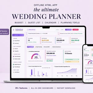 May include: A laptop and smartphone displaying an offline HTML wedding planner application. The interface features a dashboard with budget, guest list, calendar, and planning tools, including charts, progress bars, and financial data summaries.