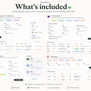 May include: A digital homeschool planner interface titled BloomNest featuring four main sections: Progress/Gradebook, Curriculum, Children, and Attendance. The layout includes input fields, status tags, and record tables for tracking student data, grades, and daily attendance.