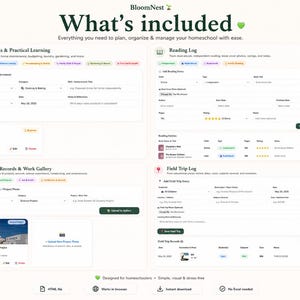 May include: A digital dashboard titled BloomNest What's included, featuring four sections: Life Skills & Practical Learning, Reading Log, Portfolio Records & Work Gallery, and Field Trip Log. The interface includes input fields, buttons, and icons.