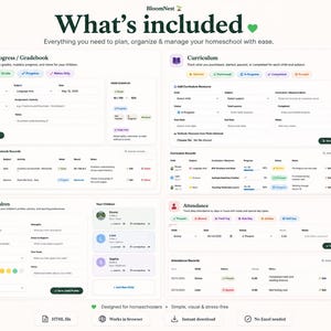 May include: A digital homeschool planner interface titled BloomNest featuring four main sections: Progress/Gradebook, Curriculum, Children, and Attendance. The layout includes input fields, status tags, and record tables for tracking student data, grades, and daily attendance.