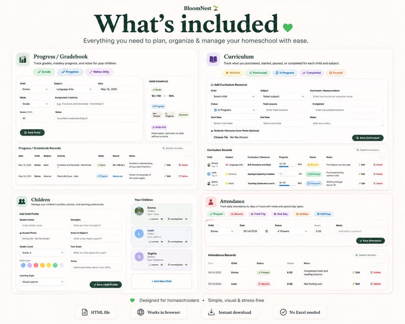 May include: A digital homeschool planner interface titled BloomNest featuring four main sections: Progress/Gradebook, Curriculum, Children, and Attendance. The layout includes input fields, status tags, and record tables for tracking student data, grades, and daily attendance.